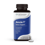 Bottle of LifeSeasons Anxie-T Stress Support supplement with capsules shown in front.
