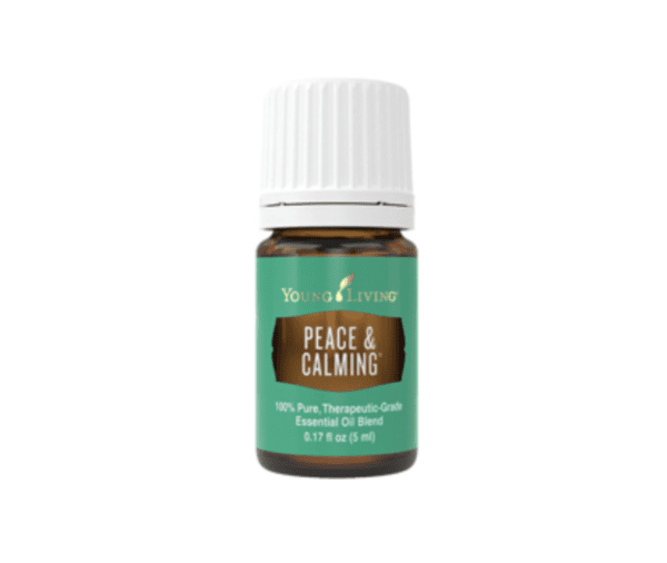 A 5 ml bottle of Young Living Peace & Calming Essential Oil with a green label on a white background.