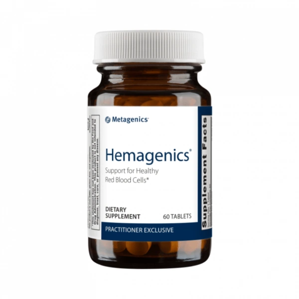 Bottle of Metagenics Hemagenics dietary supplement containing 180 tablets, marketed for supporting healthy red blood cells and functioning as an iron supplement.