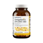 Bottle of Metagenics OmegaGenics EPA-DHA 1000, omega-3 supplement with natural lemon flavor in 60 softgels packaging.