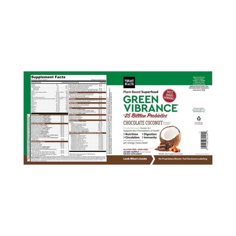 Green Vibrance Choc Coconut 25 servings supplement fact label