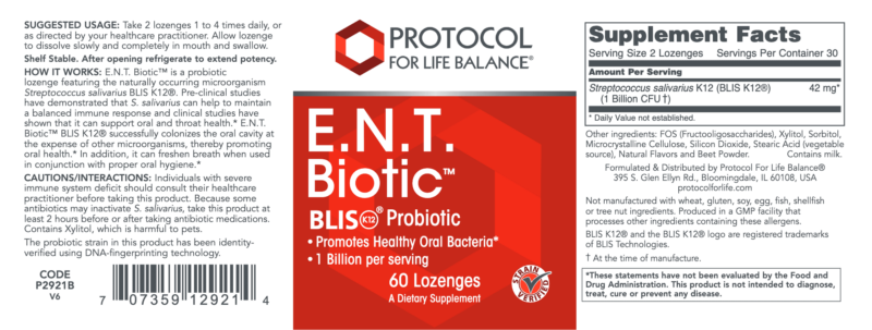 E.N.T. Biotic™ is a probiotic lozenge featuring the naturally occurring microorganism Streptococcus salivarius BLIS K12®.