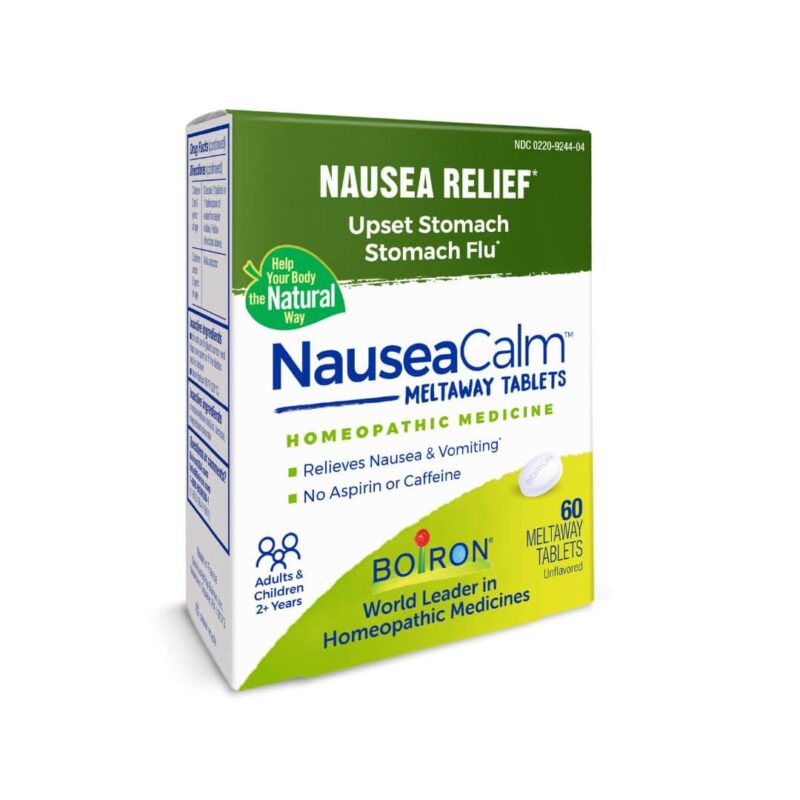NauseaCalm For relief of nausea and vomiting associated with: upset stomach; fullness due to overindulgence in food and drink; stomach flu; for relief of nausea, vomiting, or dizziness associated with motion from travel, amusement rides, or video games.