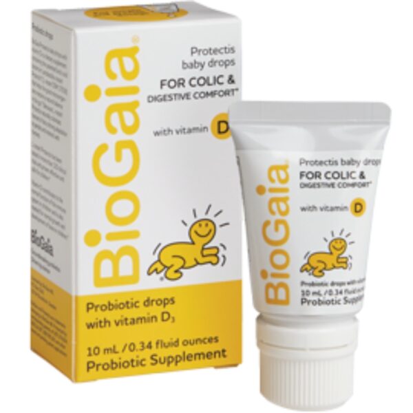 A box and tube of BioGaia Protectis Baby Drops with Vitamin D, highlighting their use for colic and digestive comfort.
