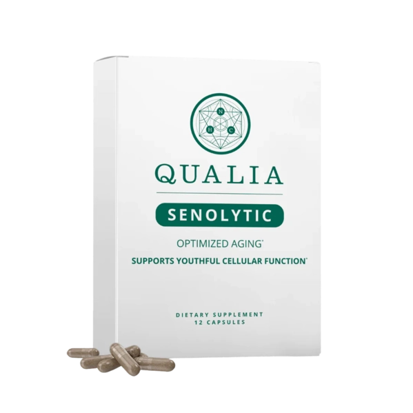 A pack of Qualia Senolytic capsules alongside loose capsules, emphasizing optimized aging and cellular function.