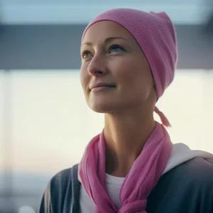 Hormone Therapy and Cancer Risk: A hopeful woman in a pink headscarf gazes out a window.