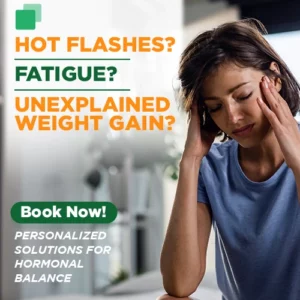 personalized solutions for hormonal balance at Welltopia Pharmacy: Concerned woman with symptoms of hot flashes, fatigue, and unexplained weight gain.