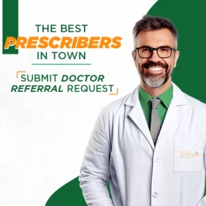 Doctor Referral Request at Welltopia Pharmacy: Smiling doctor in a white coat with 'The Best Prescribers in Town' text