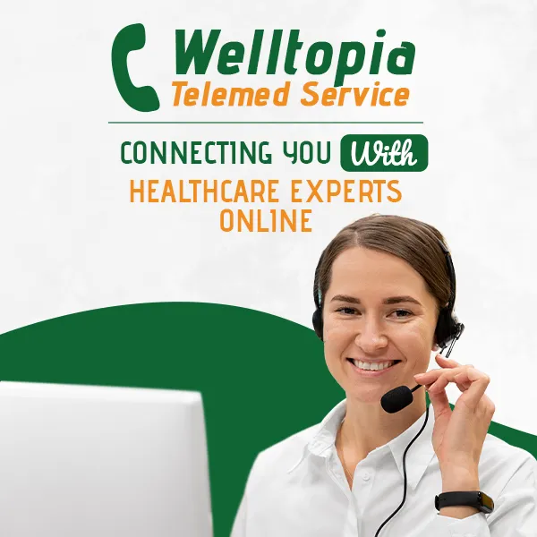 Smiling customer service representative wearing a headset, with text that reads 'Welltopia Telemedicine Service - Connecting You with Healthcare Experts Online.